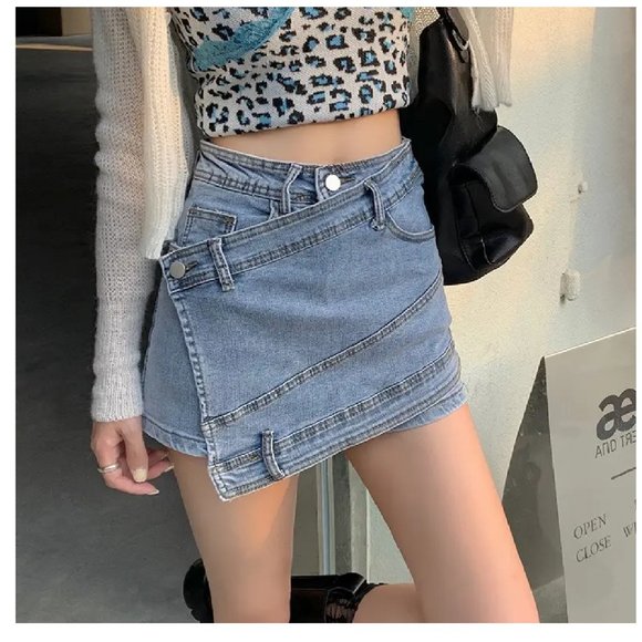 Blue Denim Skort Asymmetric High Rise Skirt Shorts combo 5 Pockets School Casual - Picture 10 of 13